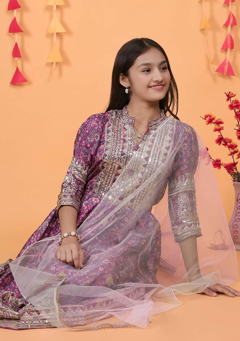 Lavender Embroidererd Chinon Silk Anarkali Set With Dupatta For Girl