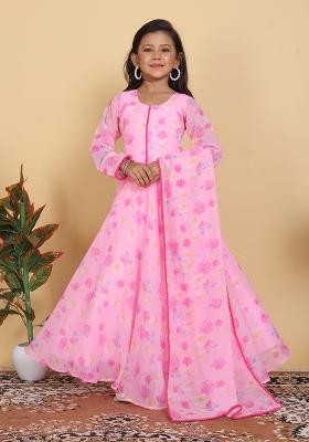 Pink Printed Georgette Anarkali Set With Dupatta For Girl