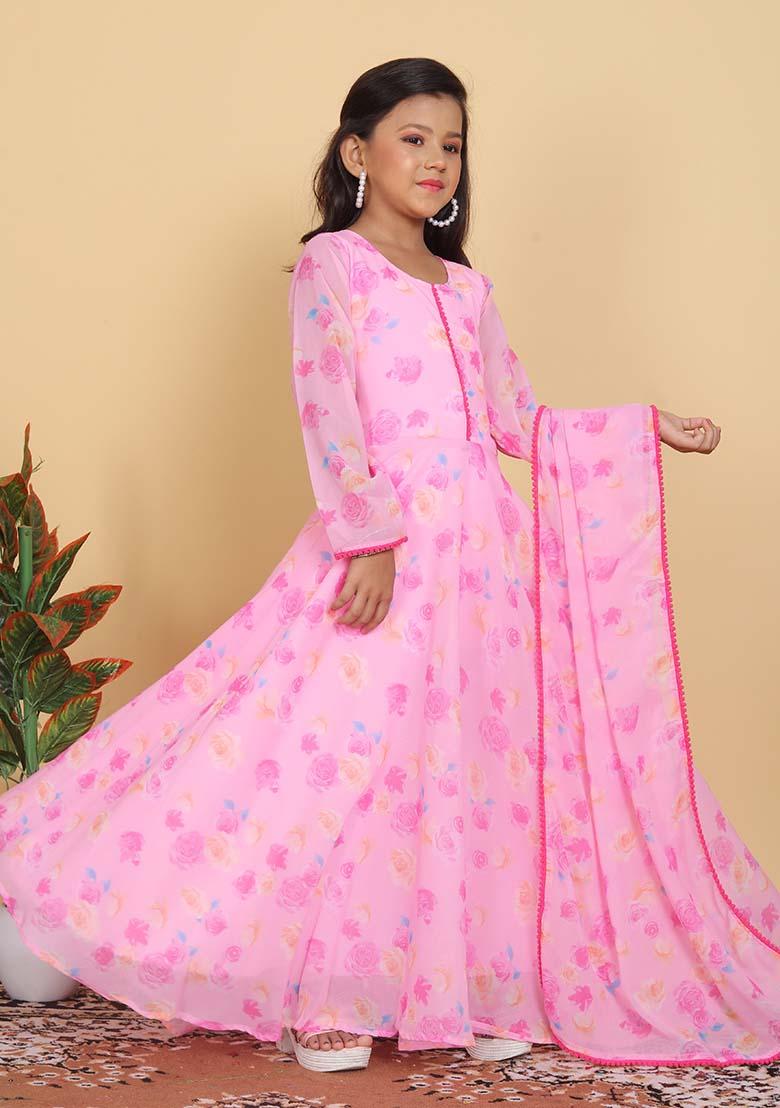 Pink Printed Georgette Anarkali Set With Dupatta For Girl