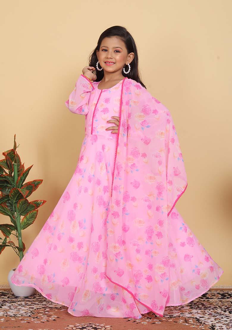 Pink Printed Georgette Anarkali Set With Dupatta For Girl