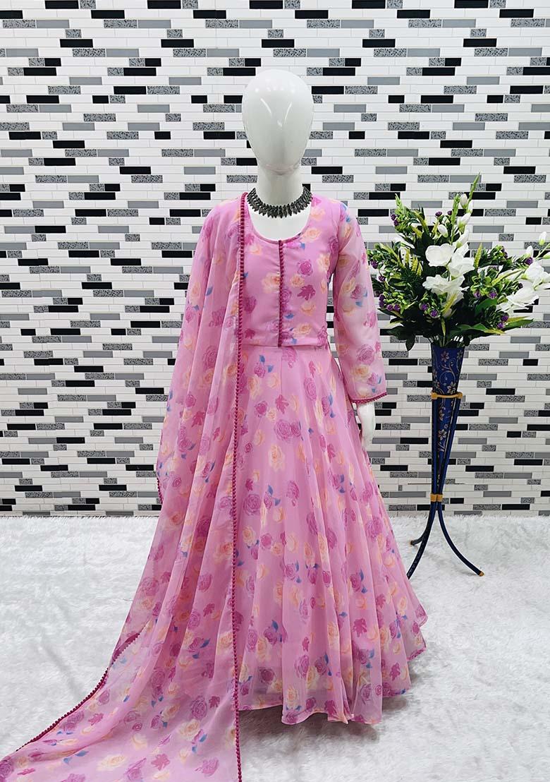 Pink Printed Georgette Anarkali Set With Dupatta For Girl