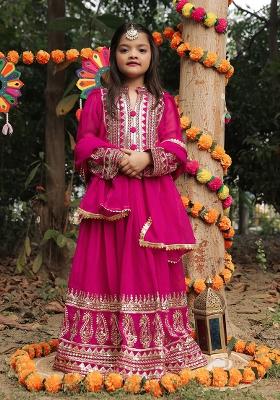 Rani Pink Embroidererd Georgette Anarkali Set With Dupatta For Girl