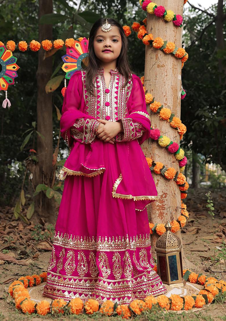 Rani Pink Embroidererd Georgette Anarkali Set With Dupatta For Girl