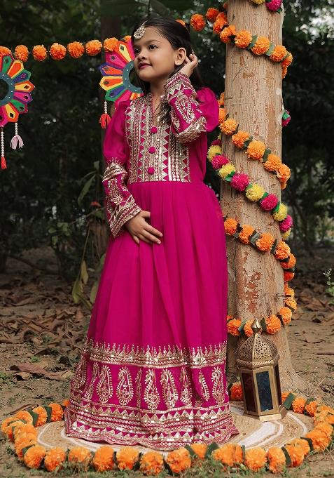 Rani Pink Embroidererd Georgette Anarkali Set With Dupatta For Girl
