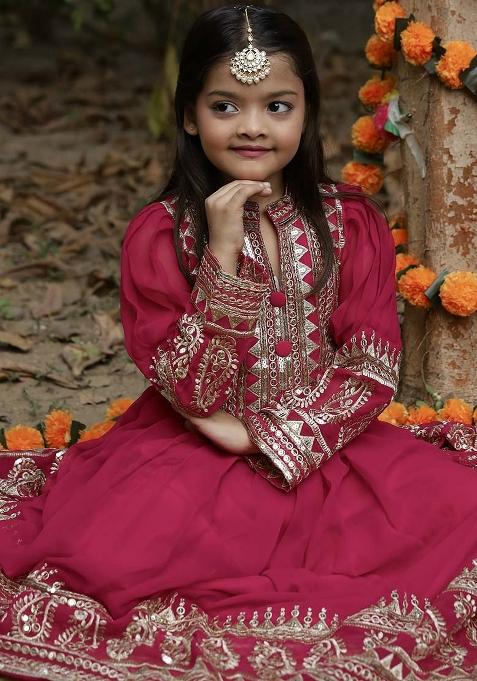 Rani Pink Embroidererd Georgette Anarkali Set With Dupatta For Girl