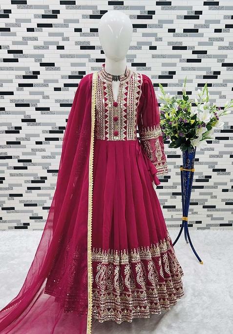 Rani Pink Embroidererd Georgette Anarkali Set With Dupatta For Girl