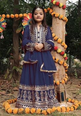Navy Blue Embroidererd Georgette Anarkali Set With Dupatta For Girl