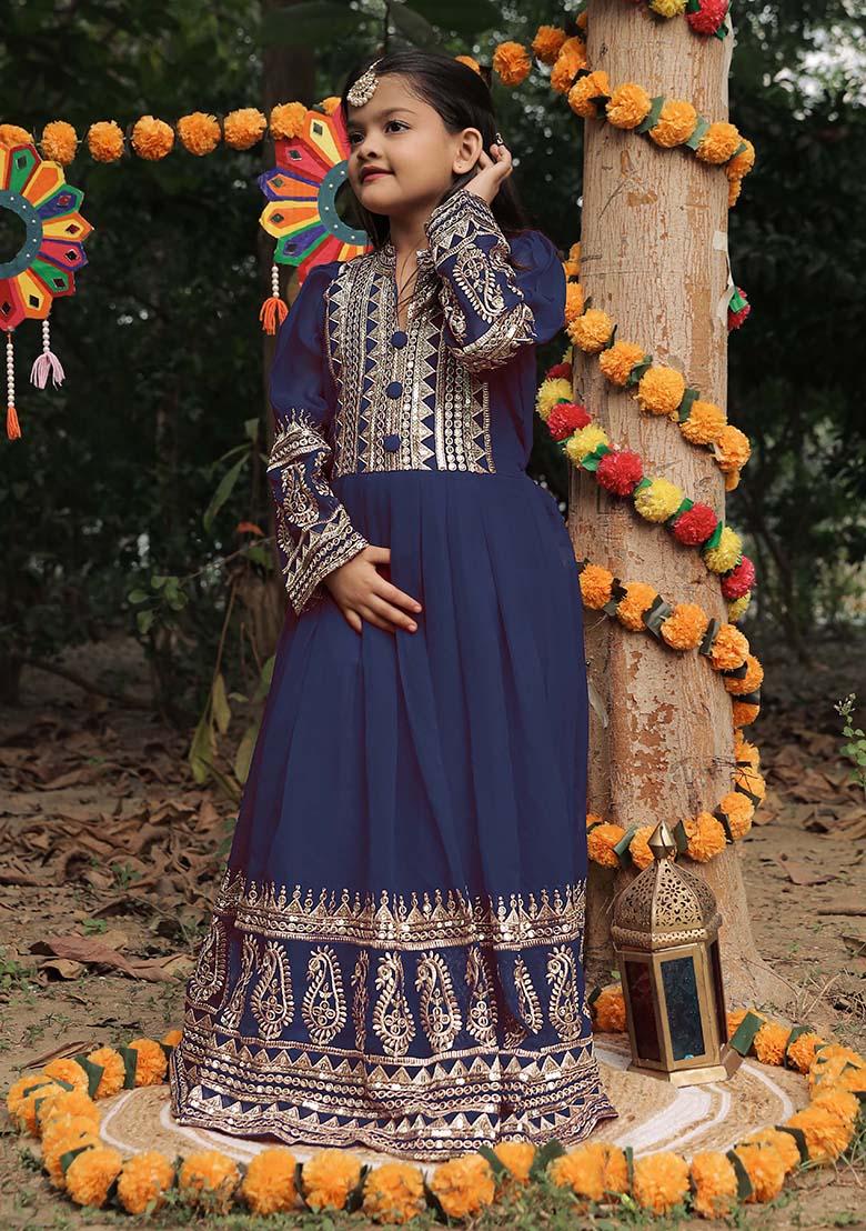 Navy Blue Embroidererd Georgette Anarkali Set With Dupatta For Girl