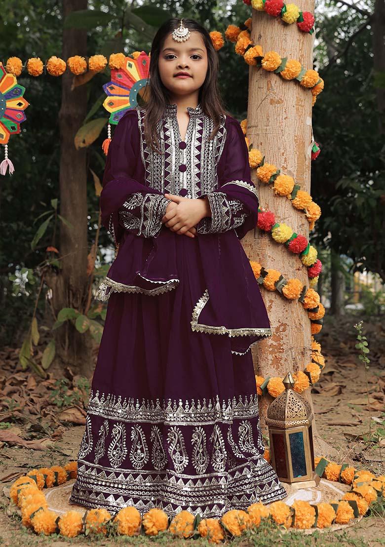 Purple Embroidererd Georgette Anarkali Set With Dupatta For Girl