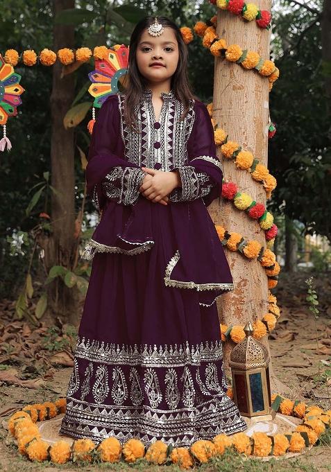 Purple Embroidererd Georgette Anarkali Set With Dupatta For Girl