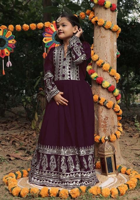 Purple Embroidererd Georgette Anarkali Set With Dupatta For Girl