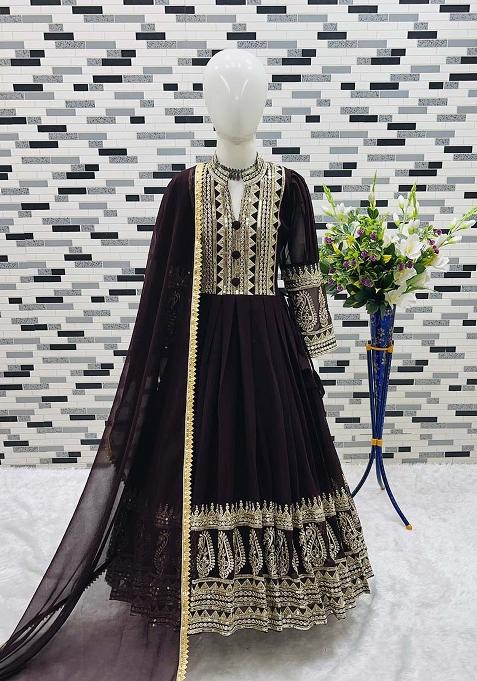 Purple Embroidererd Georgette Anarkali Set With Dupatta For Girl