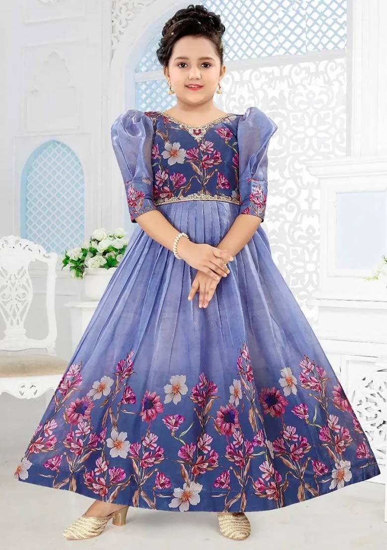 Grey Printed Organza Anarkali Set With Dupatta For Girl