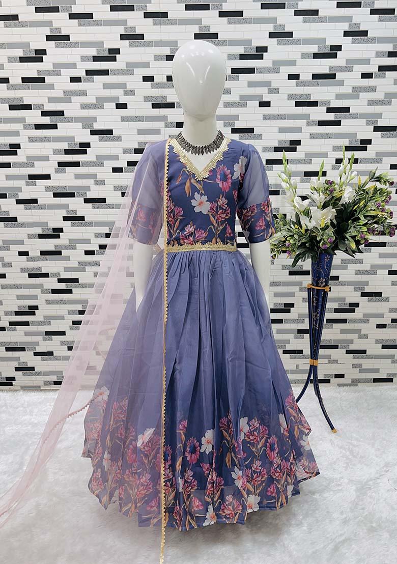 Grey Printed Organza Anarkali Set With Dupatta For Girl