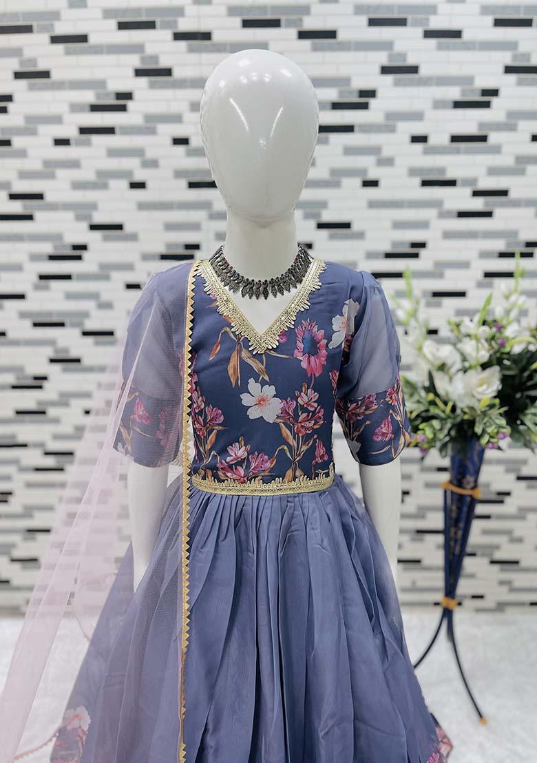 Grey Printed Organza Anarkali Set With Dupatta For Girl