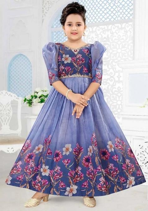 Grey Printed Organza Anarkali Set With Dupatta For Girl