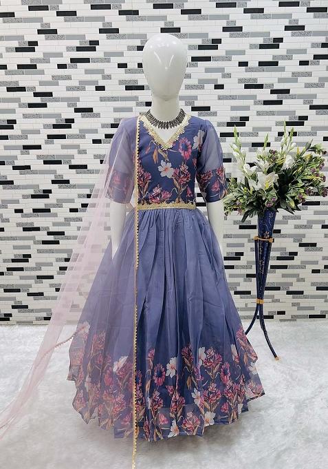 Grey Printed Organza Anarkali Set With Dupatta For Girl