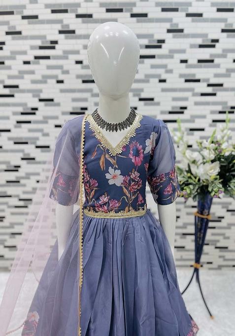 Grey Printed Organza Anarkali Set With Dupatta For Girl