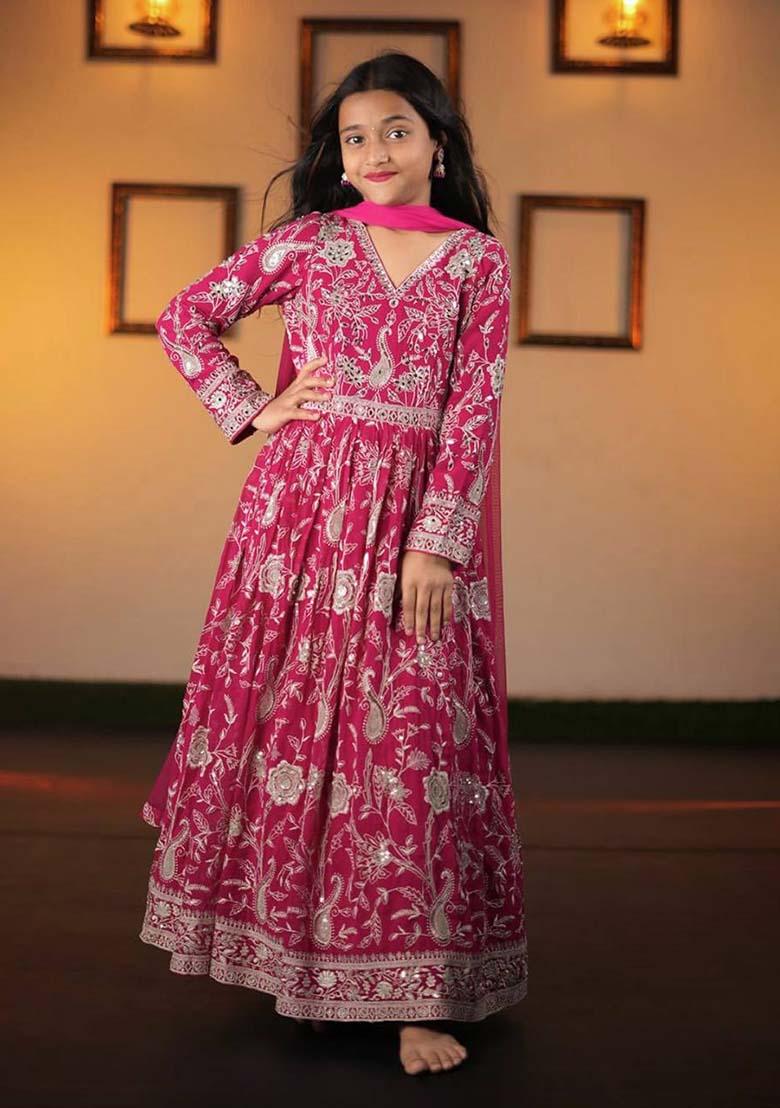 Purple Embroidererd Georgette Anarkali Set With Dupatta For Girl