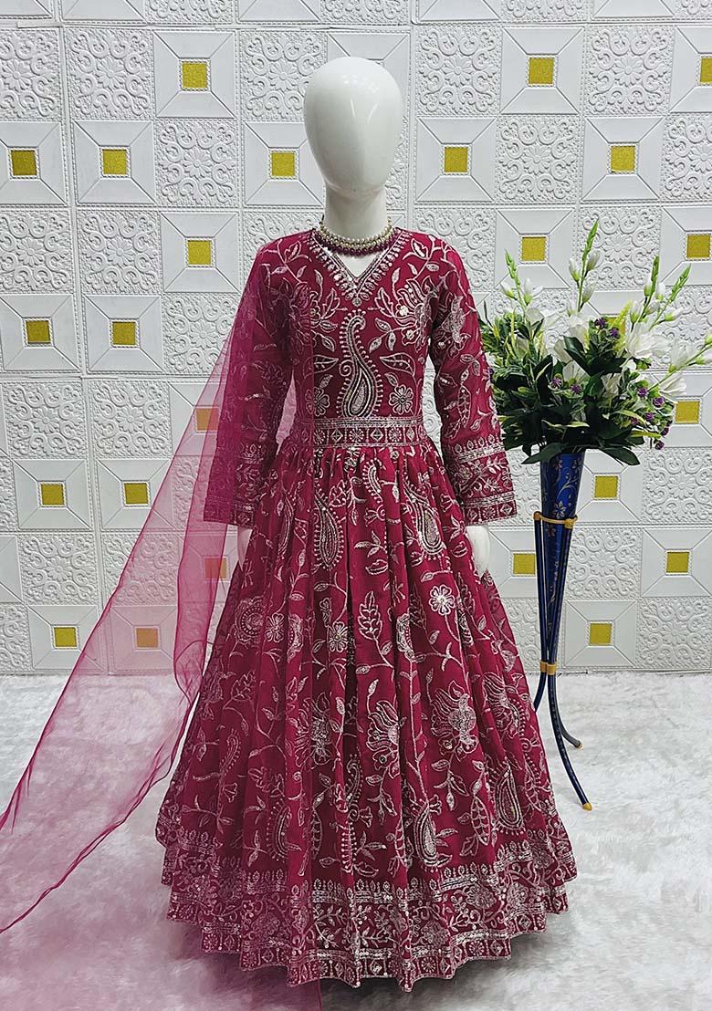 Purple Embroidererd Georgette Anarkali Set With Dupatta For Girl