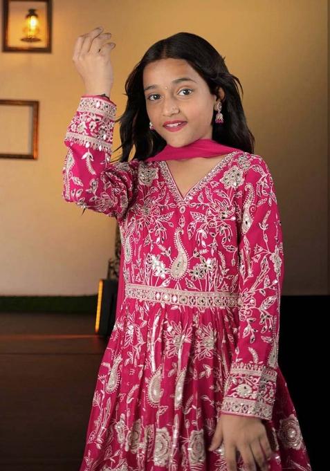 Purple Embroidererd Georgette Anarkali Set With Dupatta For Girl