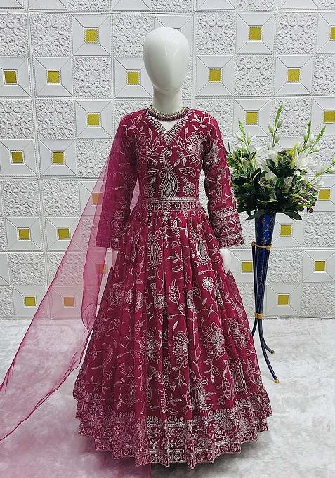 Purple Embroidererd Georgette Anarkali Set With Dupatta For Girl