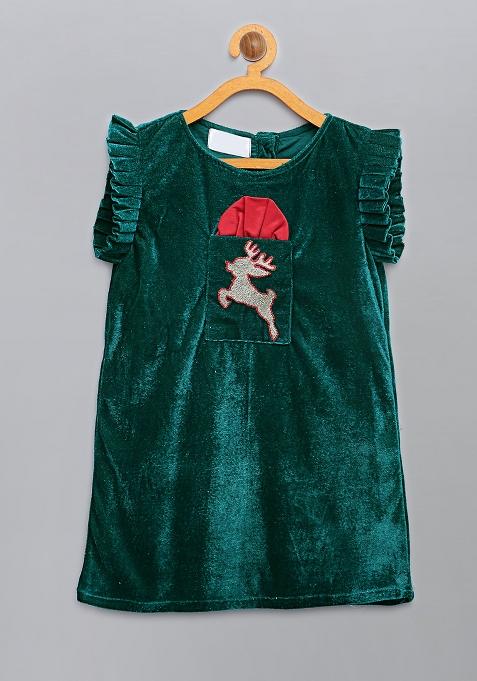 Green Embroidered Velvet Dress Christmas For Girls