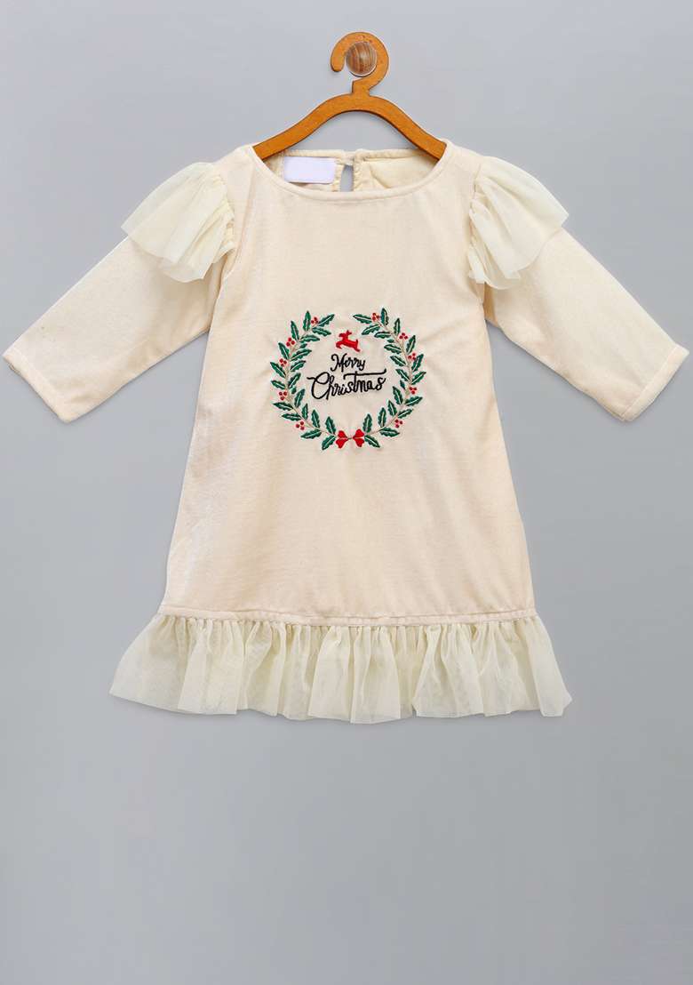 Off White Embroidered Velvet Dress Christmas For Girls - Indya