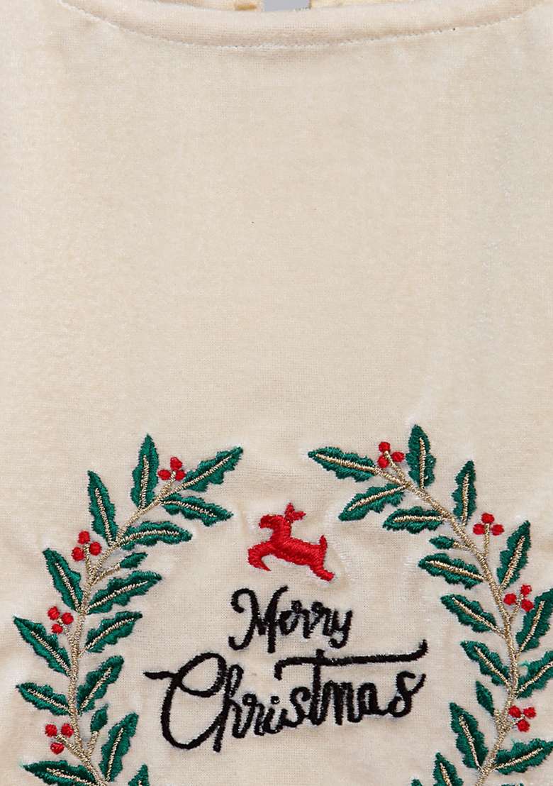 Off White Embroidered Velvet Dress Christmas For Girls - Indya
