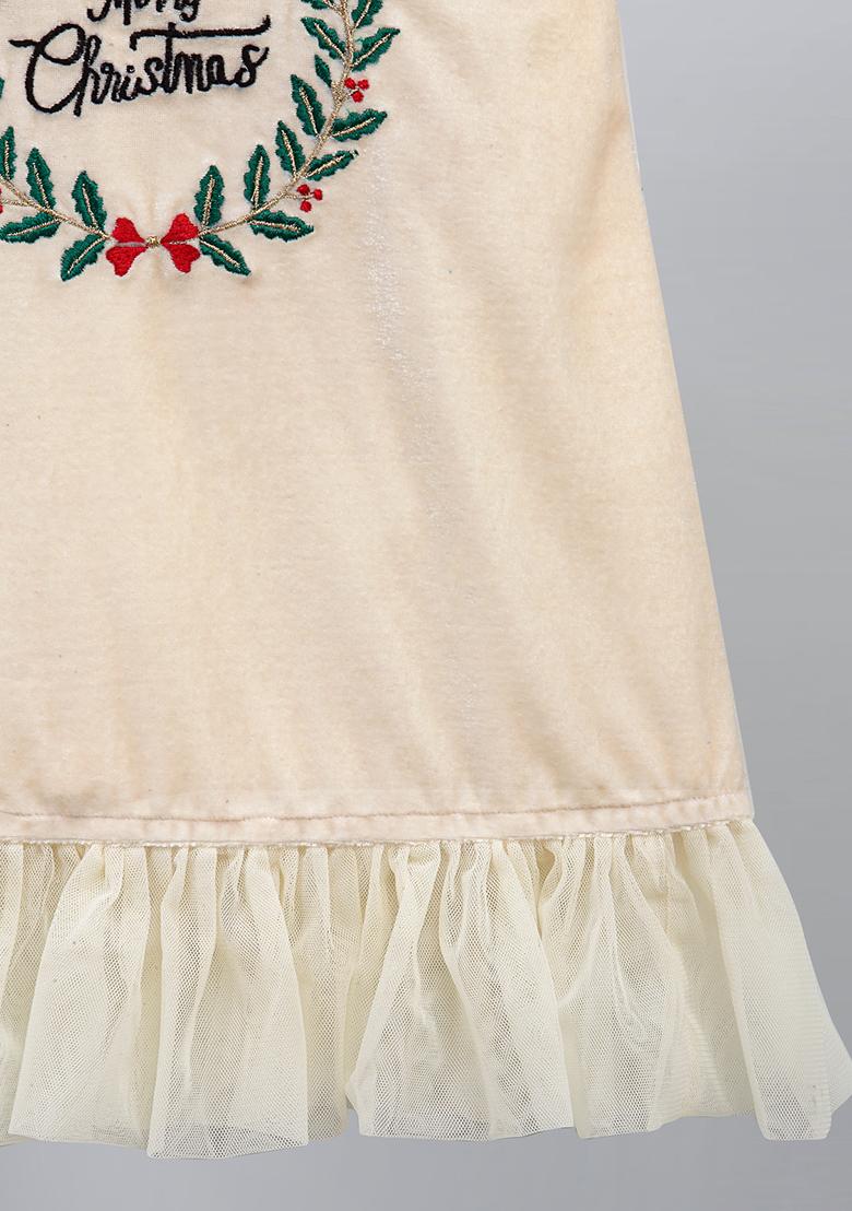 Off White Embroidered Velvet Dress Christmas For Girls