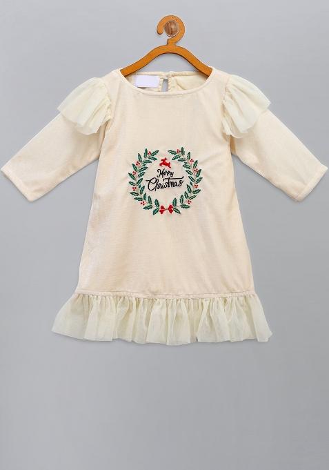Off White Embroidered Velvet Dress Christmas For Girls