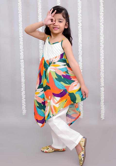 Parrot Print Strap Dress For Girls