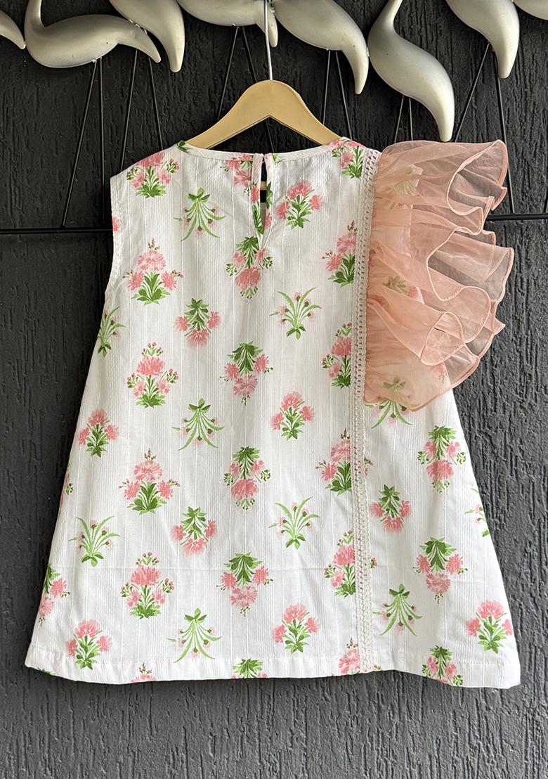 White Floral Print Frill Dress For Girls