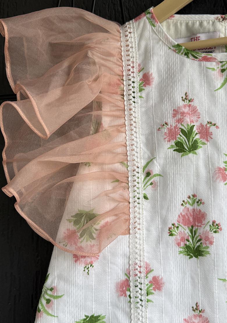 White Floral Print Frill Dress For Girls