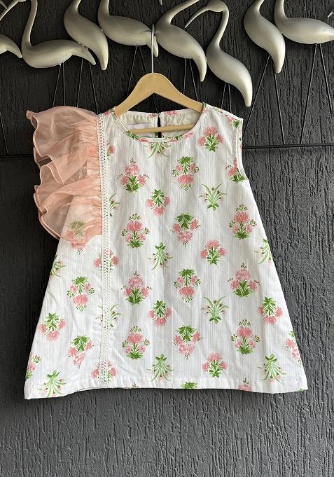 White Floral Print Frill Dress For Girls