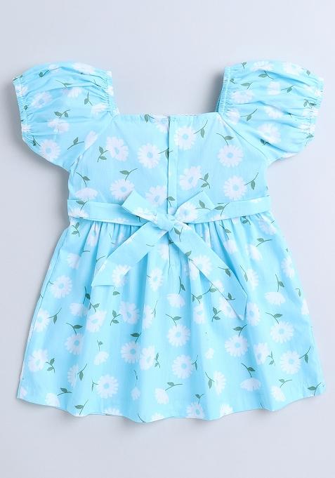 Blue Printed Cotton Dress For Girls