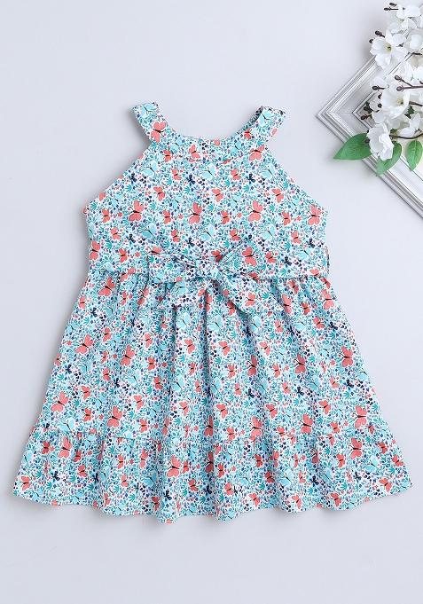 Orange Printed Cotton Dress For Girls