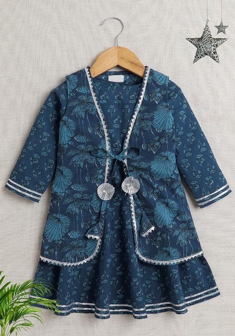 Blue Embroidered Cotton Dress With Jacket For Girls