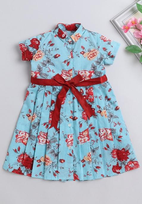 Blue Printed Cotton Dress For Girls