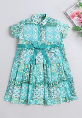 Blue Printed Cotton Dress For Girls