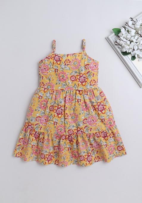Yellow Printed Cotton Dress For Girls