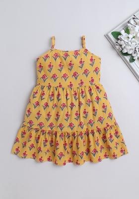 Yellow Printed Cotton Dress For Girls