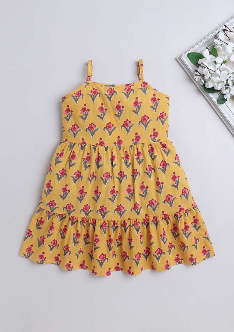 Yellow Printed Cotton Dress For Girls - Indya