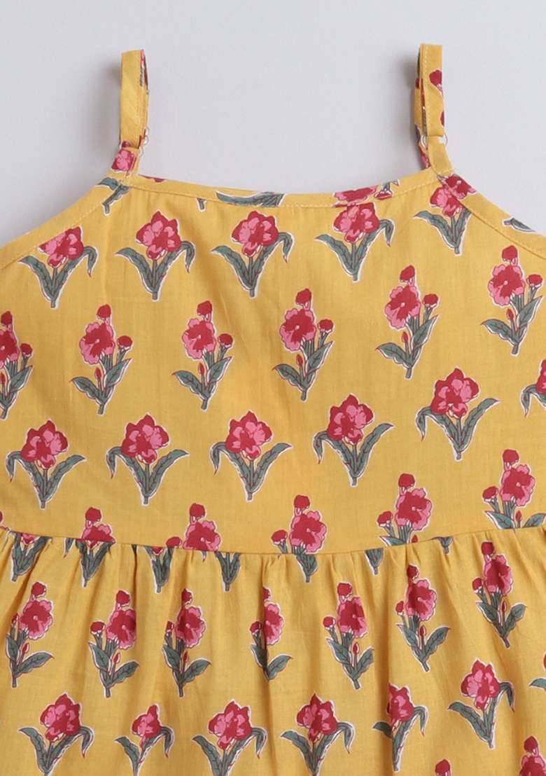 Yellow Printed Cotton Dress For Girls - Indya