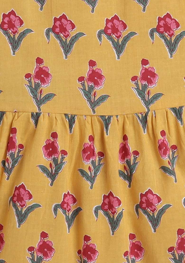 Yellow Printed Cotton Dress For Girls - Indya