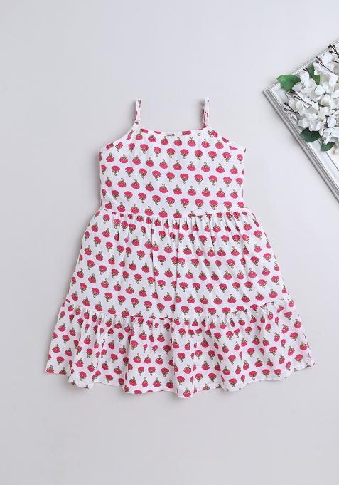 White Printed Cotton Dress For Girls