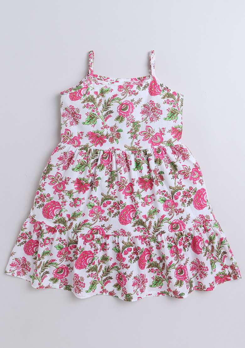 Pink Printed Cotton Dress For Girls - Indya