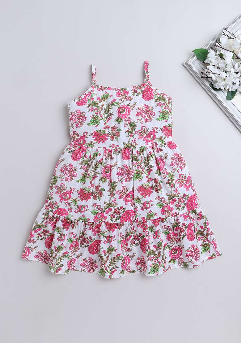 Pink Printed Cotton Dress For Girls - Indya