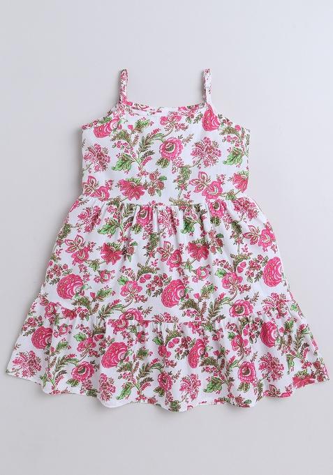 Pink Printed Cotton Dress For Girls