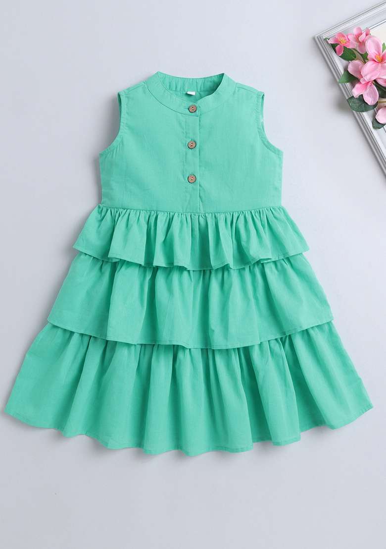 Blue Solid Cotton Dress For Girls - Indya